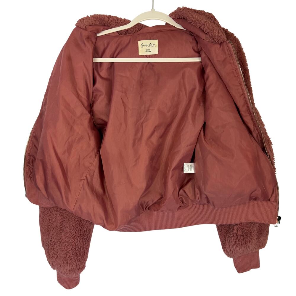 Love Tree‎ Hooded Sherpa Teddy Bomber Jacket Women Size L Dusty Rose Pink - Picture 4 of 5